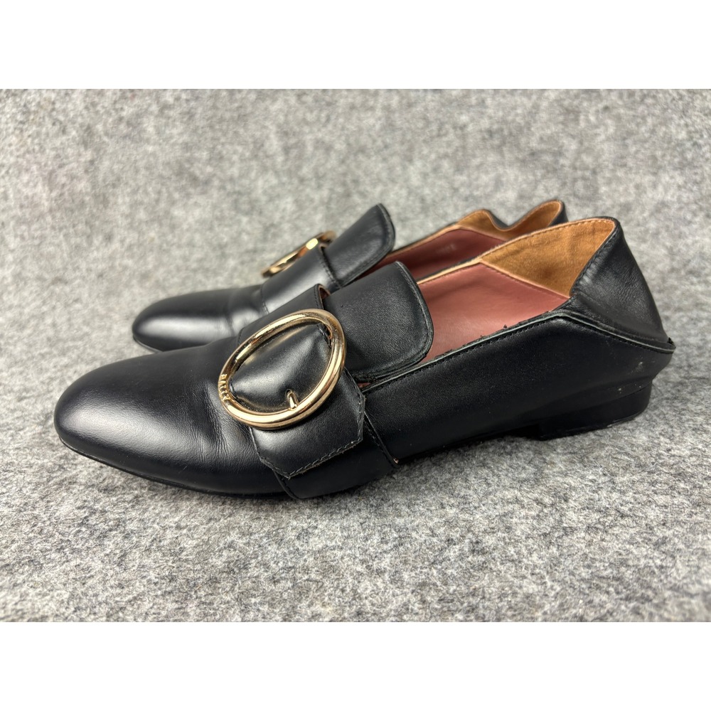 Bally Lottie Loafers Women 4 Black Leather Gold Buckle Collapsible Heel Flat